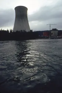 Atomic Energy Prints: Cooling tower of the Trojan Nuclear Power Plant on the Columbia River in Oregon