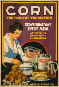Wheat Prints: CORN-FOOD OF THE NATION. American World War 1 poster promoting corn in 1918