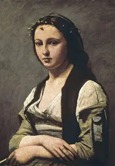 COROT, Jean-Baptiste Camille (1796-1875). The Woman with the Pearl (La femme a la perle). ca. 1842. Portrait inspired on the Mona Lisa, from the last creative stage of Corot