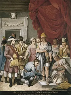 CORTS, Hernn (1485-1547); MONTEZUMA II (1467-1520). Corts determines to trap Moctezuma in his palace, take him to the headquarters where they put him fetters
