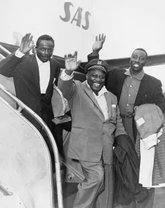 Pianist Prints: Count Basie (1904-1984) and Count Basie Orchestra members Sonny Payne (left) and Joe Williams (right)