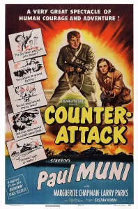 Muni Prints: COUNTER-ATTACK, US poster art, from left: Paul Muni, Marguerite Chapman, 1945