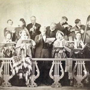 New England Prints: A country choir, singing and playing musical instruments in rural New Hampshire, ca. 1872