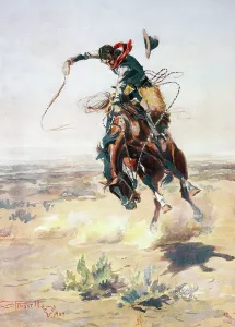 Bucking Prints: Cowboy on a bucking bronco, A Bad Hoss, photomechanical print by Charles M. Russell, 1905