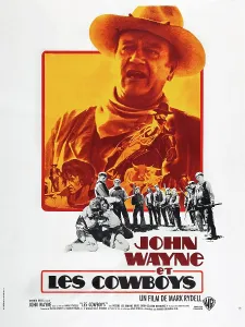 THE COWBOYS, (aka LES COWBOYS), French poster art, John Wayne, (center). 1972