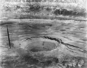 Hillers Prints: Craterlet of a sand boil formed during the Charleston earthquake