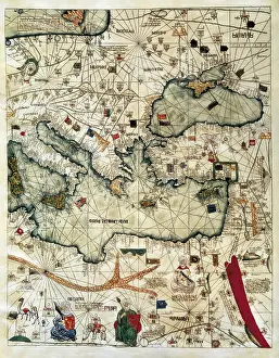 CRESQUES, Jafuda (1350-1410); CRESQUES, Abraham ( -1381). Catalan Atlas. 1375. Third and Fourth Leaves. Map of the world known in the 14th c. (Finisterre and the Mediterranean)