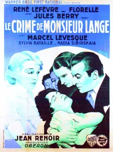 THE CRIME OF MONSIEUR LANGE, (aka LE CRIME DE MONSIEUR LANGE), French poster art, foreground from left (paler figures): Florelle, Nadia Sibirskaya, Rene Lefevre, Jules Berry, 1936