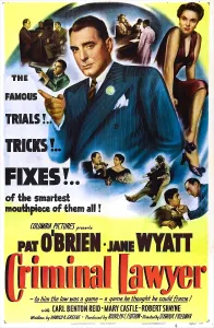 Pointing Finger Prints: CRIMINAL LAWYER, US poster, Pat O'Brien (center), Jane Wyatt (top right), 1951