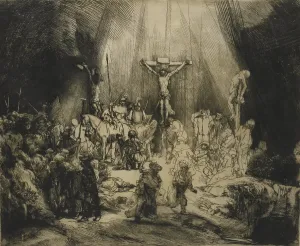 1650s Prints: Three Crosses, by Rembrandt van Rijn, 1633-53, Dutch print, engraving, drypoint