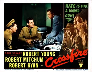 May Prints: CROSSFIRE, from left: Robert Mitchum, Robert Ryan, Robert Young, 1947