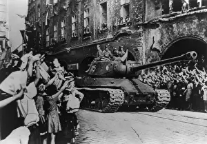 Prague Prints: Crowd cheering arrival of liberating Soviet troops in a tank