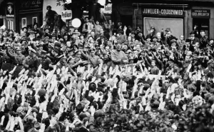 Parade Prints: Crowd giving Nazi salute to Adolf Hitler as he stands in an open car during Sudeten liberation'
