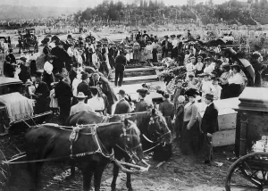 Spectators Prints: Crowd and horse-drawn hearses at mass burial in North Collinwood, Ohio, March 1908
