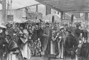 Russians Prints: A crowd of immigrants landing at Castle Garden in 1880 includes an Eastern European man with a fur hat