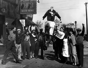 Headline Prints: A crowd in Ohio celebrating VE Day and the end of World War II in Europe by burning an effigy of Adolf Hitler