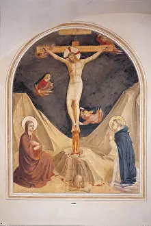 The Crucifixion with the Virgin Mary, a Dominican Saint praying and two angels, by Guido di Pietro (Piero) known as Beato Angelico, 1438 - 1446 about, 15th Century, curved fresco