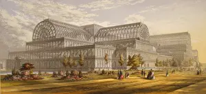 Crystal Palace during the Great Exhibition, London, 1851-1852, was a revolutionary building designed by Sir Joseph Paxton using prefabricated cast iron and glass