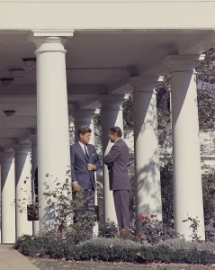 West Wing Prints: Cuban Missile Crisis. President John Kennedy and Robert McNamara in discussion outside the West Wing