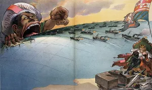 Images Dated 21st June 2012: The Cuban rebellion. King Alfonso XIII of Spain cowers on a throne as Cuban Moloch prepares to devour the Spanish Fleet