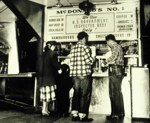 Customers Prints: Customers at the McDonalds hamburger restaurant in the mid 1950s in San Bernadino California