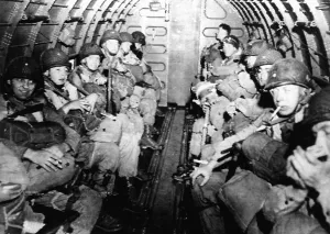 Paratroopers Prints: D-DAY, American Paratroopers flying over the English Channel enroute to the Normandy Invasion