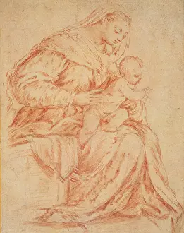 Da Ponte Jacopo know as Bassano, Enthroned Madonna and Child, 1573, 16th Century, black and red chalk on paper, Italy
