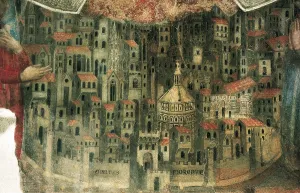Daddi, Bernardo (c.1290-c.1355). The Madonna della Misericordia. 1342. ITALY. Florence. Loggia del Bigallo (Guildhall). Lower detail with a view of Florence. Renaissance art