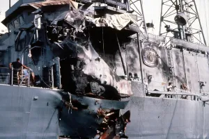 Deaths Prints: Damage sustained by the guided missile frigate USS STARK when it was hit by two Iraqi-launched Exocet missile while