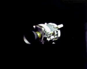 Accidents Prints: Damaged Apollo 13 Service Module with a panel blown away by the explosion of an oxygen tank