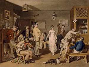 Pipes Prints: Dance in a country tavern, with people drinking and dancing while African American man plays fiddle