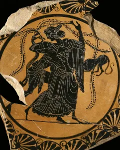 Dance scene. 6th c. BC. Kylix with black figures. Archaic Greek art. Ceramics. ITALY. Rome. National Etruscan Museum of Villa Julia