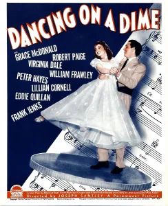 Sheet Music Prints: DANCING ON A DIME, from left: Grace McDonald, Robert Paige on window card, 1940