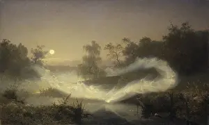 Dancing Fairies, 1866, by August Malmström, 1829-1901, Swedish painting, oil on canvas. A serpentine formation of luminescent fairies fly over a small river on a moonlit night