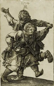 Folk Prints: Dancing German peasant couple. Albrecht Durer engraving of 1514