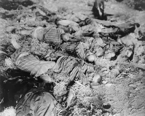 Genocide Prints: Dead slave laborers lie in a barracks of Nordhausen concentration camp