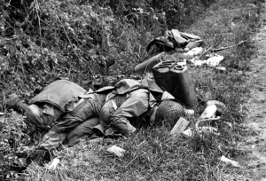 Paratroopers Prints: Three dead U.S. Airborne troops in a ditch near Sainte-Marie-du-Mont