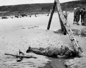 English Channel Prints: Dead U.S. soldier on Omaha beach on D-Day