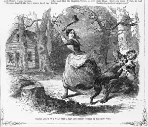 Woodcut Prints: Deadly attack of a wolf upon a man