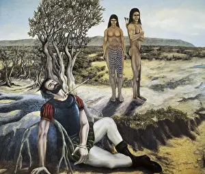 Watercolour Prints: Death of Fortuny Jimnez Bertadoa arriving at California Peninsula in 1534