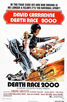 David Prints: DEATH RACE 2000, US poster art, from left: Simone Griffeth, David Carrradine, 1975