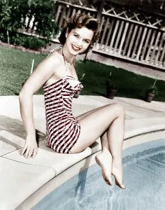 Swimsuit Prints: Debbie Reynolds, poolside, ca. 1954