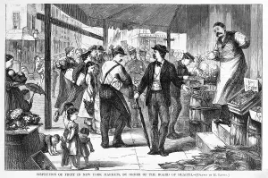 Sidewalk Prints: Decayed Fruit. Inspection of fruit in New York markets