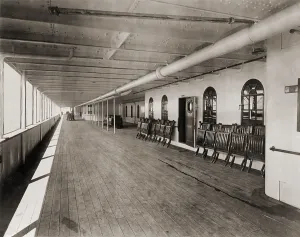 Deck Prints: Deck chairs on the great promenade of the ill-fated luxury ocean liner, the Titanic. 1912