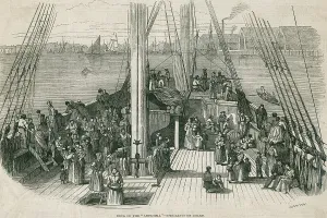 Harbors Prints: Deck of the immigrant ship Artesisia in a harbor in Europe or North America. Ca. 1855