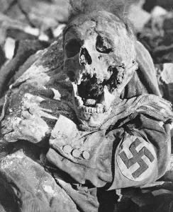 Allied Prints: Decomposing corpse of man with swastika arm band in Dresden