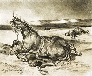 Delacroix Prints: DELACROIX, Eugne (1798-1863). Horse on the ground and dead horseman