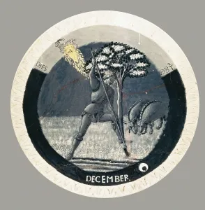 DELLA ROBBIA, Luca (1400-1482). Works of the Months. December. c. 1450-1456. Scene of a farmer ploughing the field. Renaissance art. Quattrocento. Florentine school. Terra-cotta