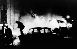 Riots Prints: Demonstrators flee as a flaming police van illuminates the Latin Quarter, Paris
