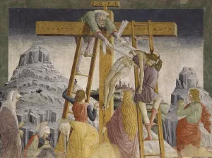 Deposition of Christ from the Cross, by the Second Master of Martinengo, 15th Century, fresco - Italy, Lombardy, Martinengo, Church of Saint Mary of the Coronation. Detail